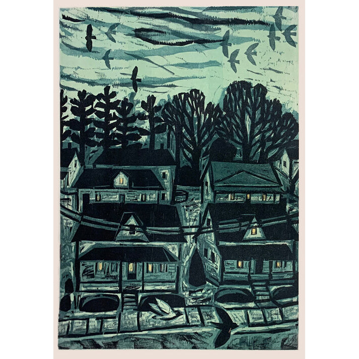Nightfall in Neighborhood 16x20 | Woodblock Print