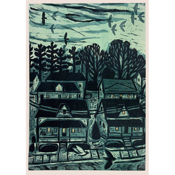 Nightfall in Neighborhood 16x20 | Woodblock Print